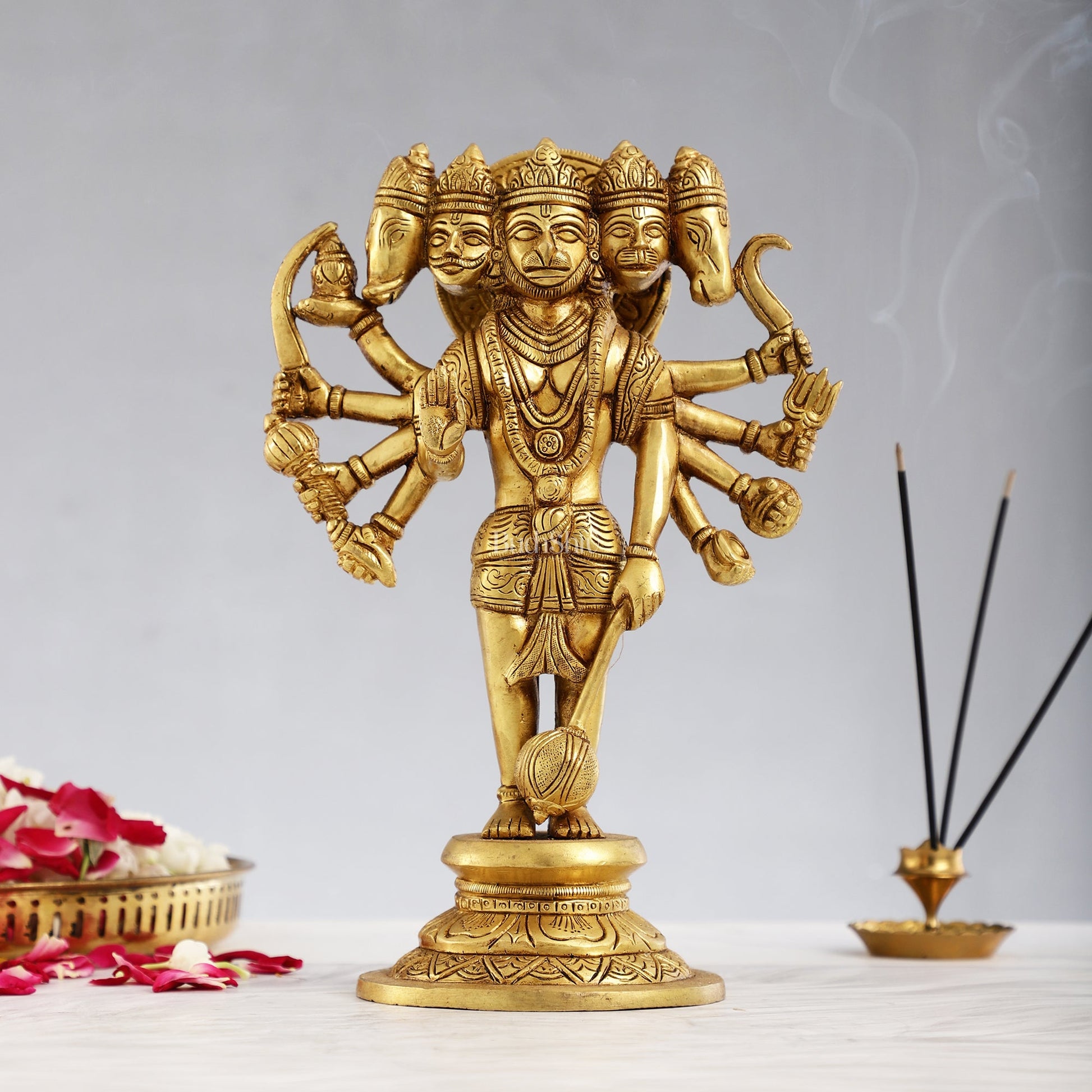 Handcrafted Superfine Brass Standing Panchmukhi Hanuman Idol 12 inch