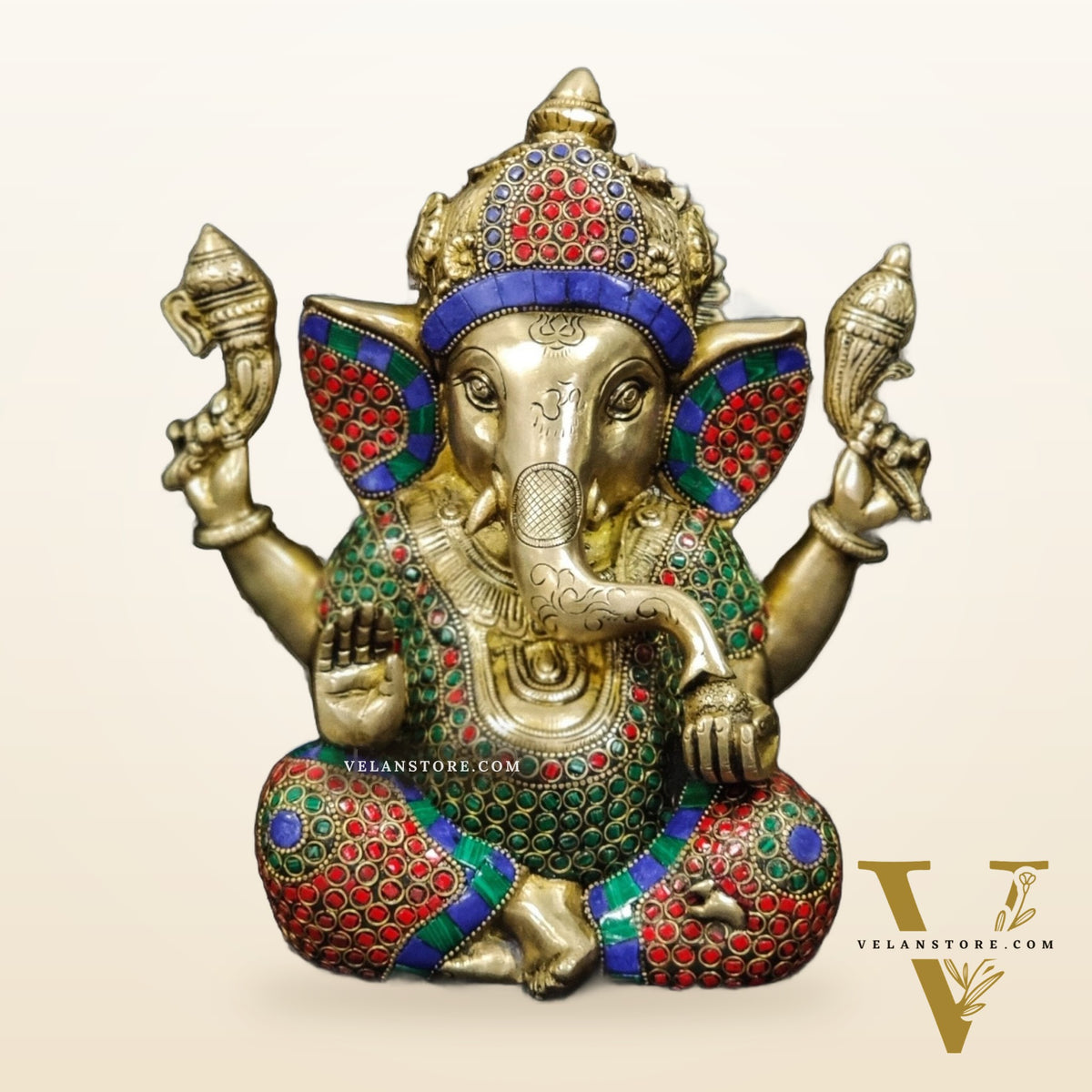 Handcrafted Taj Ganesha Statue - Brass with Stonework, 9 inches