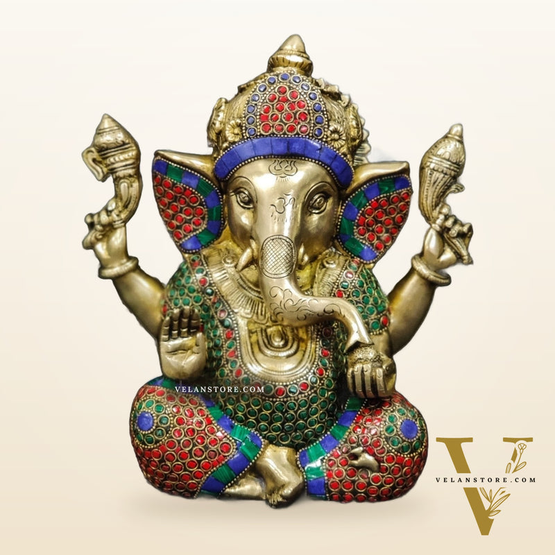 Handcrafted Taj Ganesha Statue - Brass with Stonework, 9 inches
