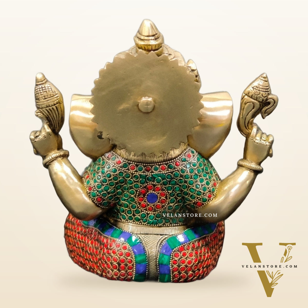 Handcrafted Taj Ganesha Statue - Brass with Stonework, 9 inches
