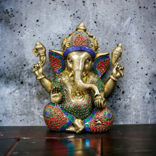 Handcrafted Taj Ganesha Statue - Brass with Stonework, 9 inches