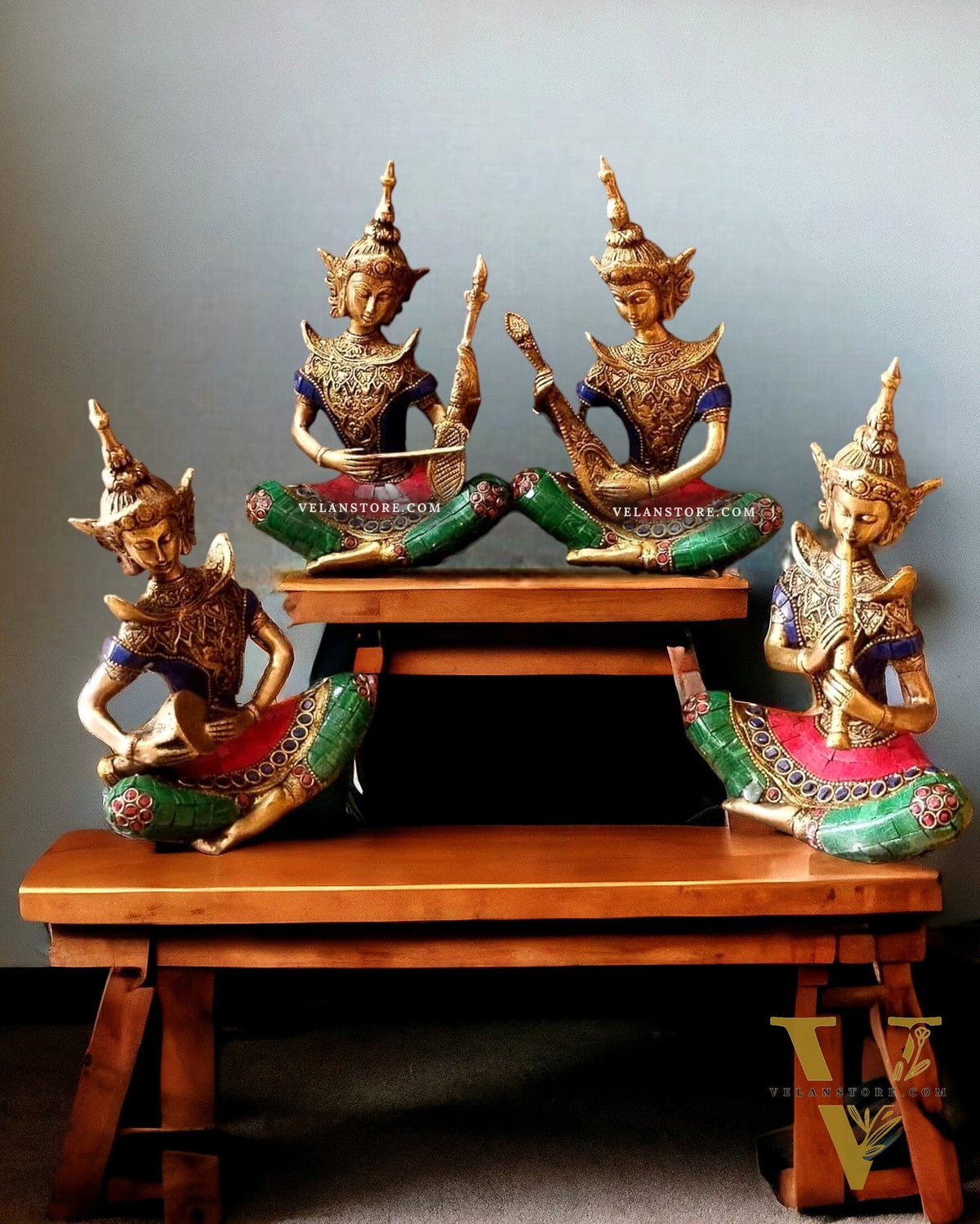 Handcrafted Thai Musical Set of 4 with Natural Stones - 8"