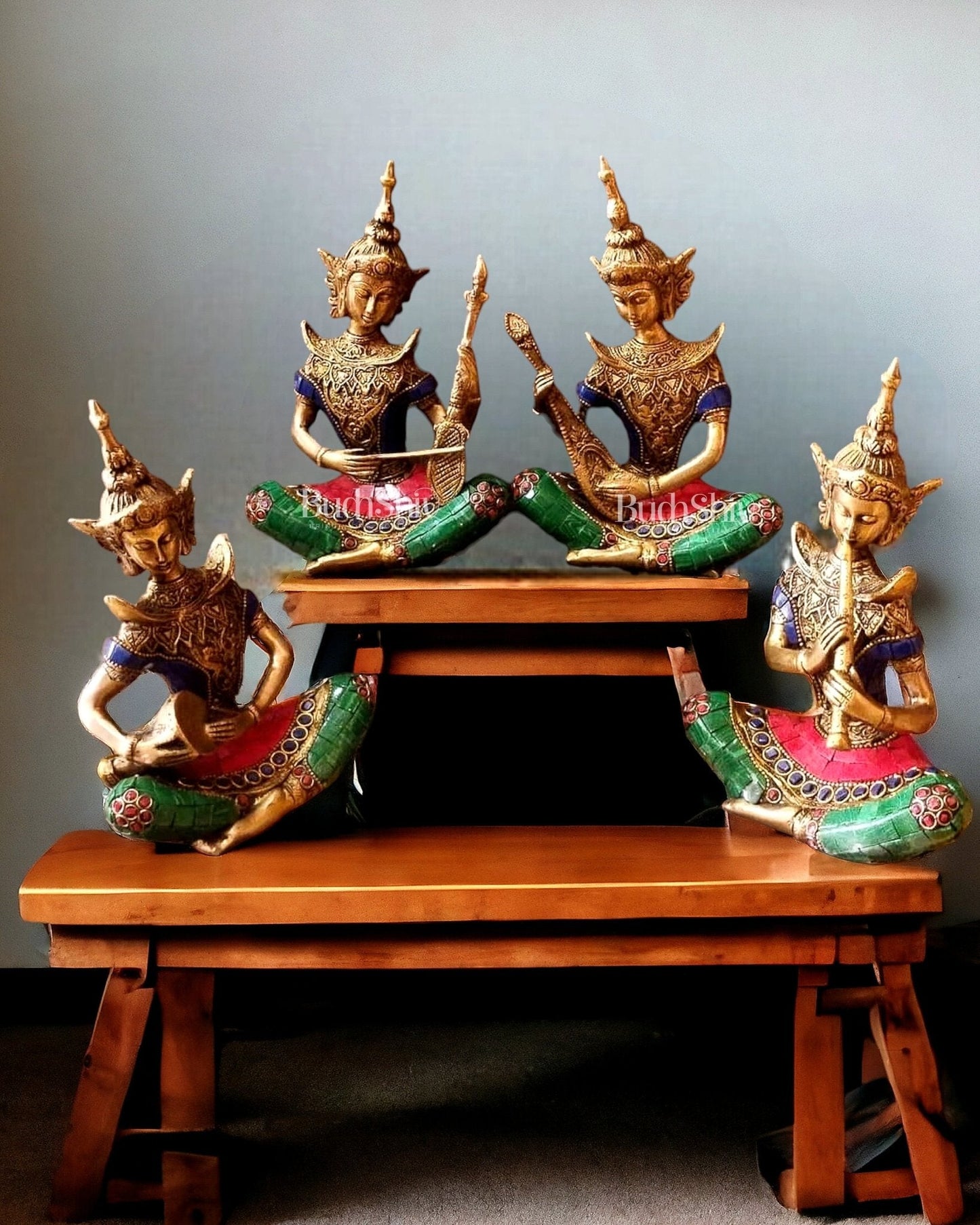 Handcrafted Thai Musical Set of 4 with Natural Stones - 8"