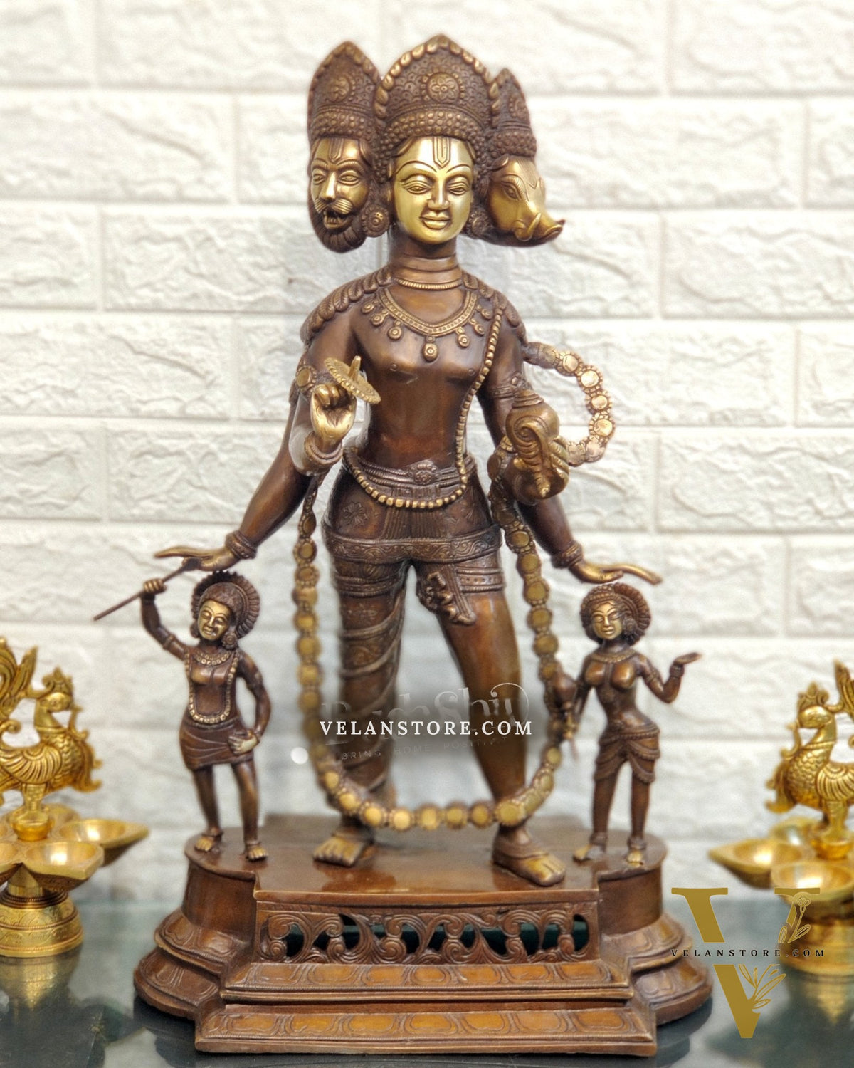 Handcrafted Three-Headed Lord Vishnu Statue | Unique Representation of Para-Vasudevan | Antique Bronze Finish