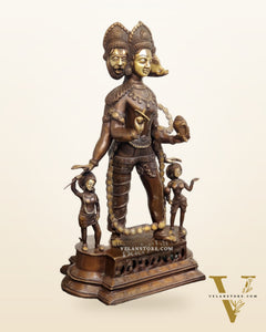 Handcrafted Three-Headed Lord Vishnu Statue | Unique Representation of Para-Vasudevan | Antique Bronze Finish