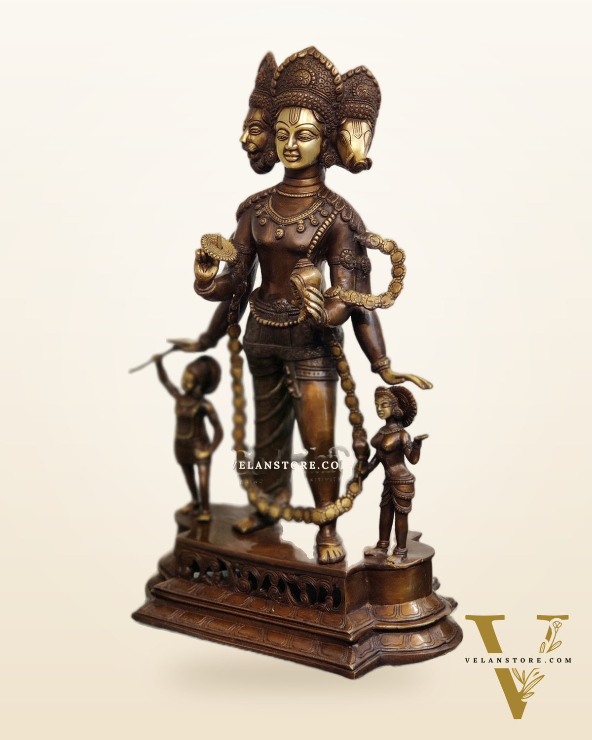 Handcrafted Three-Headed Lord Vishnu Statue | Unique Representation of Para-Vasudevan | Antique Bronze Finish