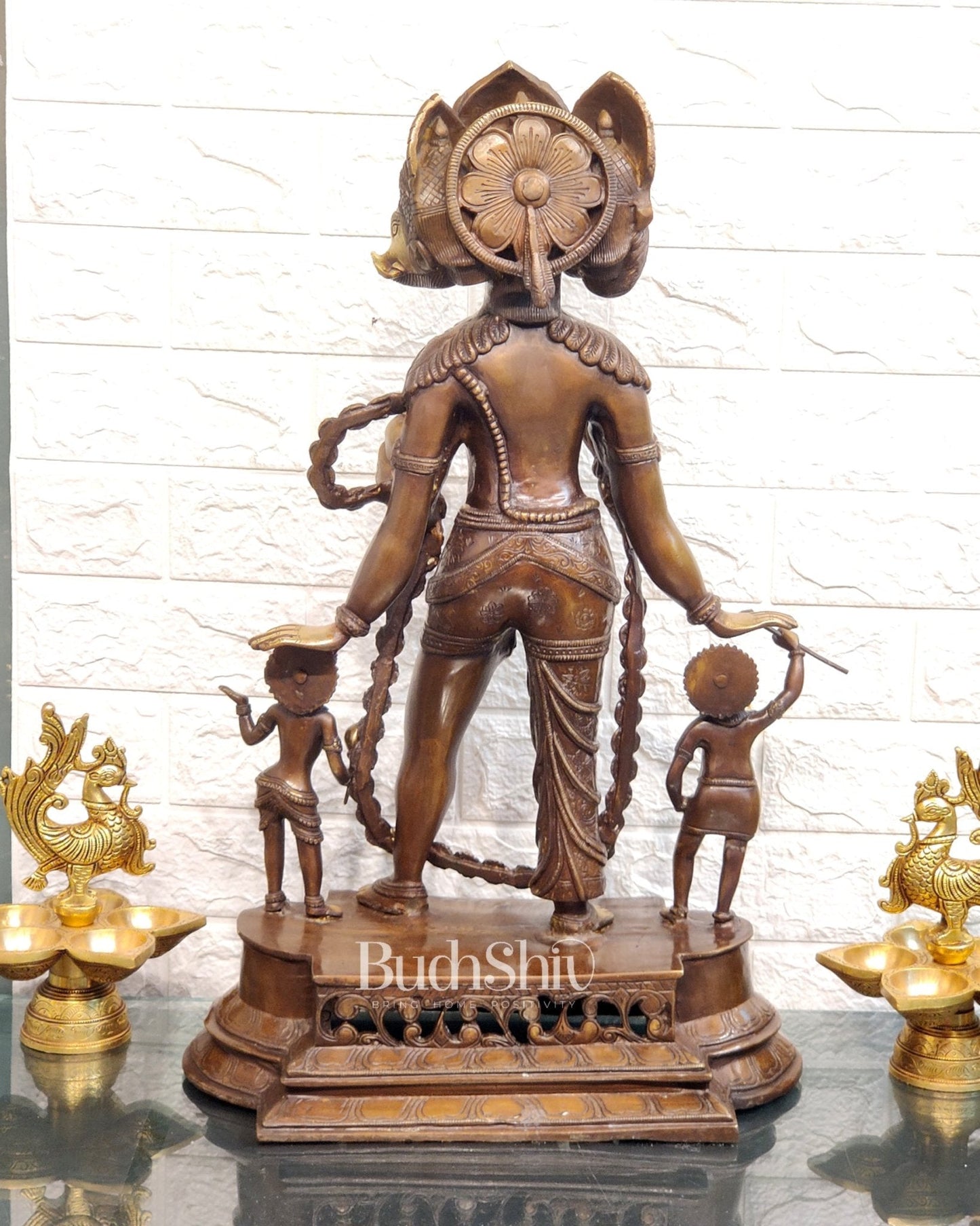 Handcrafted Three-Headed Lord Vishnu Statue | Unique Representation of Para-Vasudevan | Antique Bronze Finish