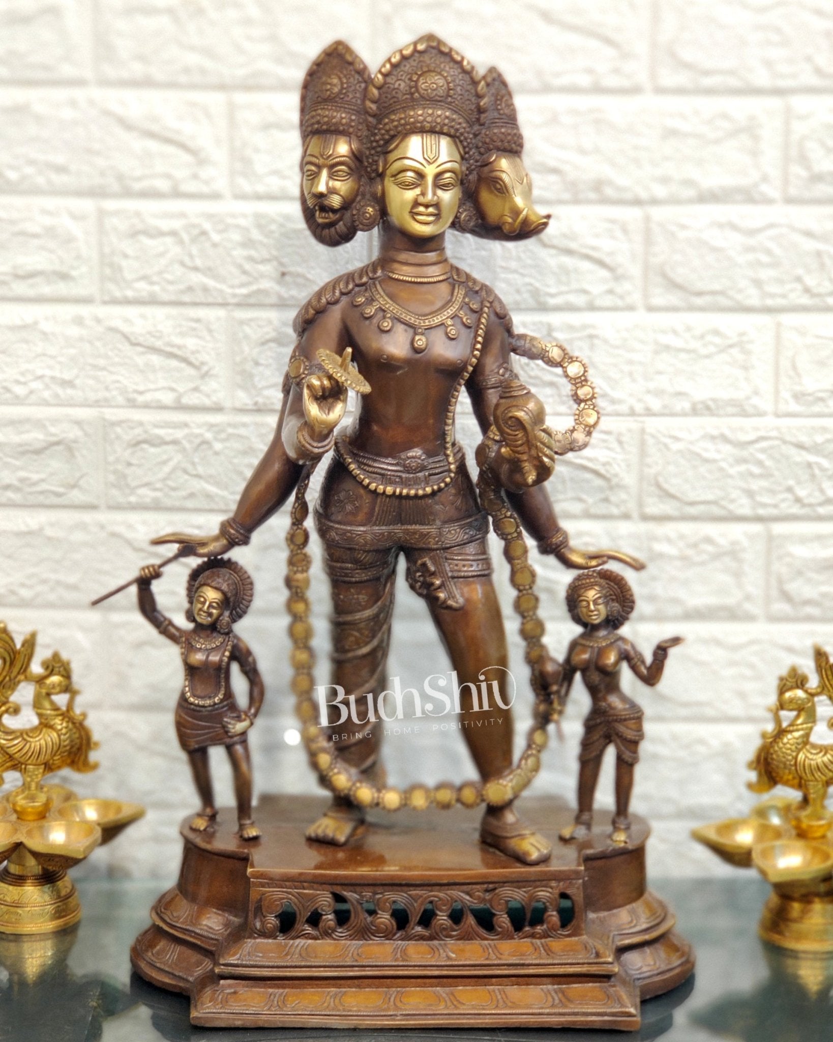 Handcrafted Three-Headed Lord Vishnu Statue | Unique Representation of Para-Vasudevan | Antique Bronze Finish