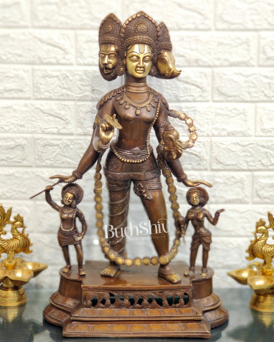Handcrafted Three-Headed Lord Vishnu Statue | Unique Representation of Para-Vasudevan | Antique Bronze Finish