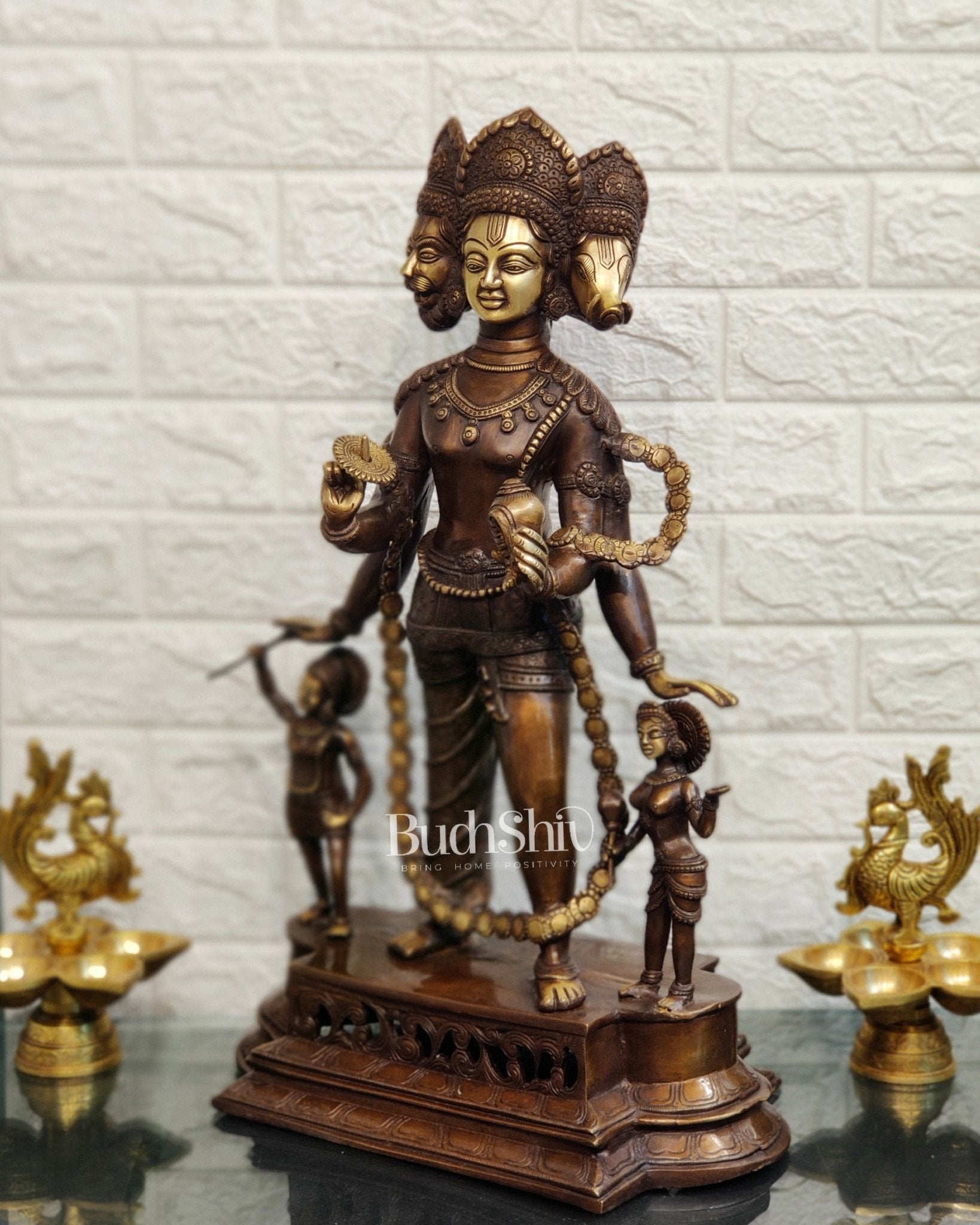 Handcrafted Three-Headed Lord Vishnu Statue | Unique Representation of Para-Vasudevan | Antique Bronze Finish
