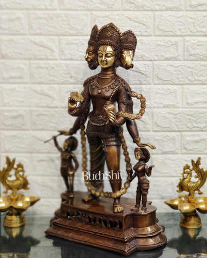 Handcrafted Three-Headed Lord Vishnu Statue | Unique Representation of Para-Vasudevan | Antique Bronze Finish