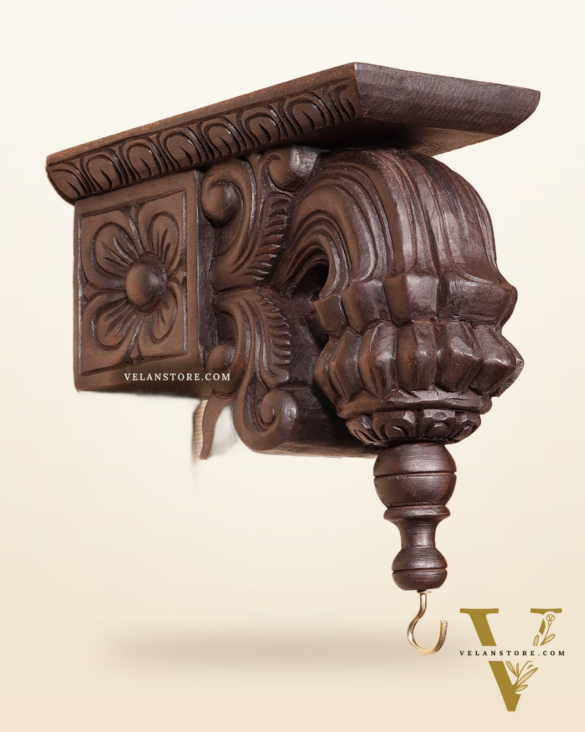 Handcrafted Wooden Antique Wall Bracket with Hook and Shelf 9"
