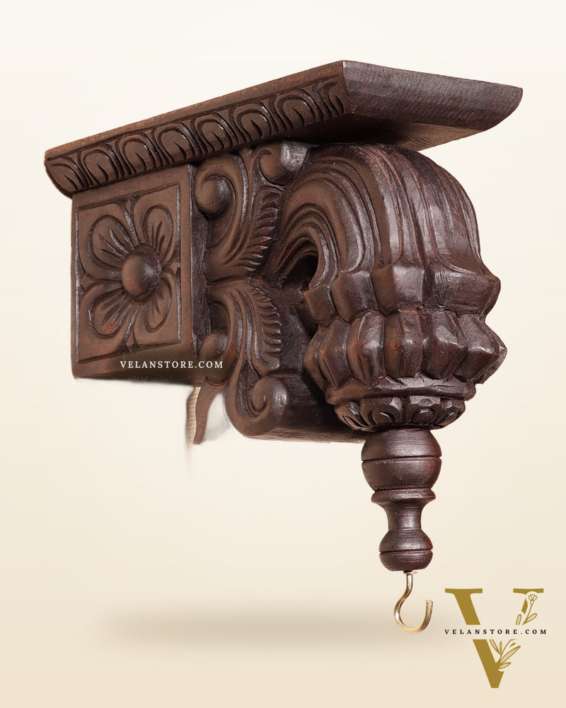 Handcrafted Wooden Antique Wall Bracket with Hook and Shelf 9"
