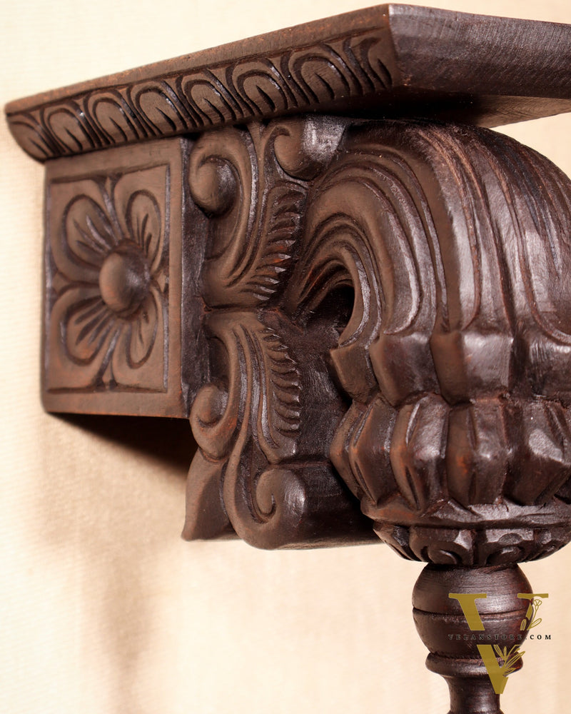 Handcrafted Wooden Antique Wall Bracket with Hook and Shelf 9"