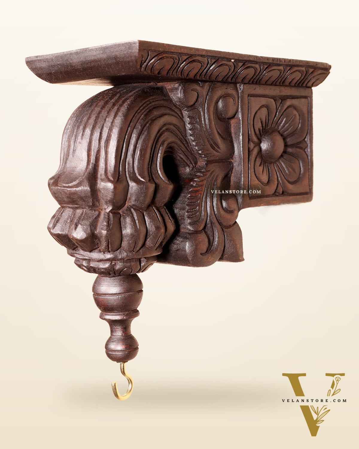 Handcrafted Wooden Antique Wall Bracket with Hook and Shelf 9"