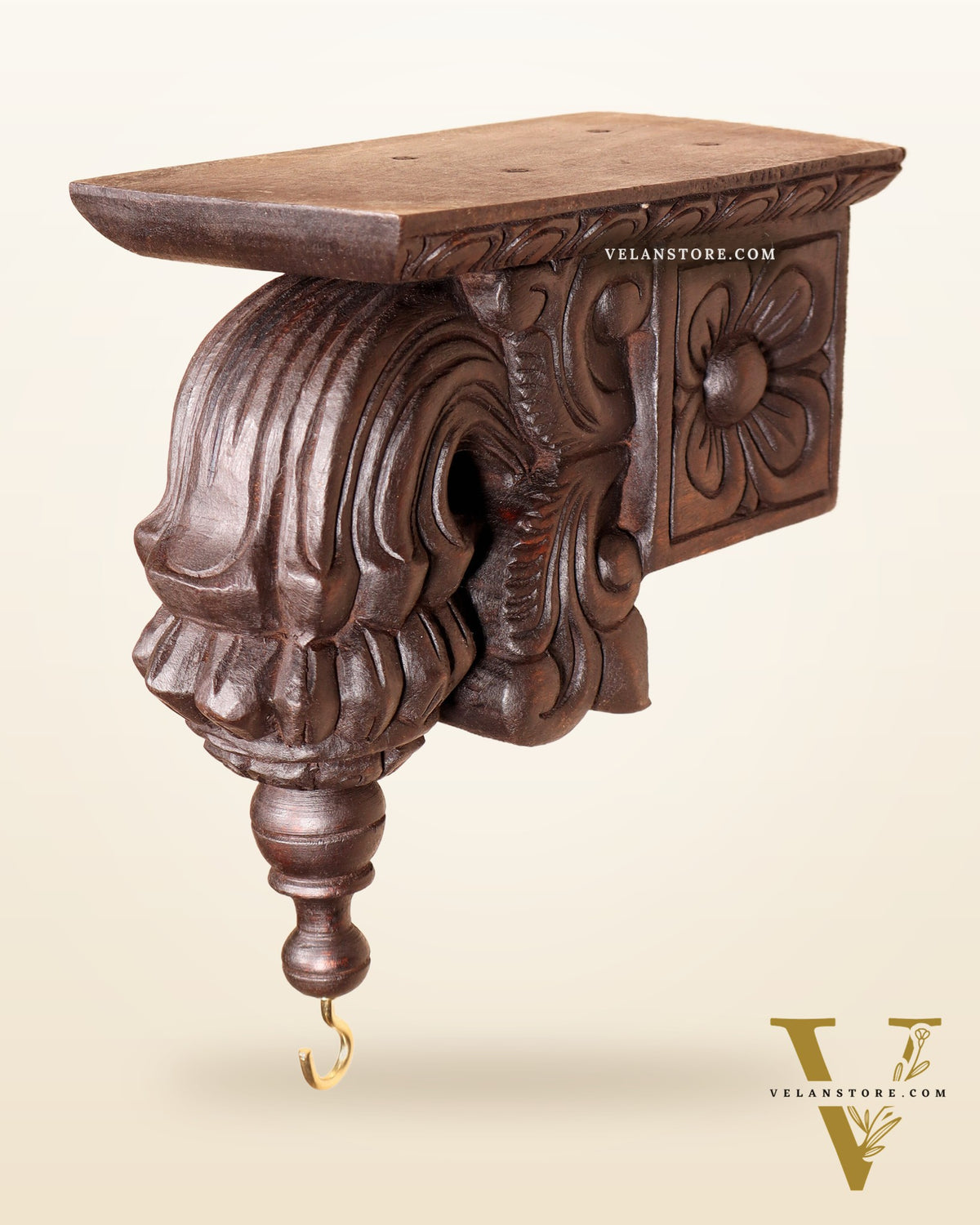 Handcrafted Wooden Antique Wall Bracket with Hook and Shelf 9"