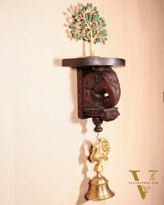 Handcrafted Wooden Elephant Wall Bracket with Shelf & Brass Hook – Traditional Décor 11"