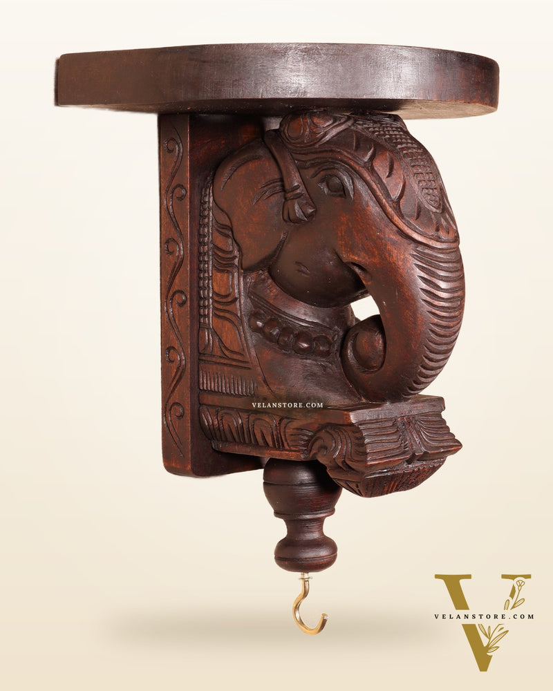 Handcrafted Wooden Elephant Wall Bracket with Shelf & Brass Hook – Traditional Décor 11"