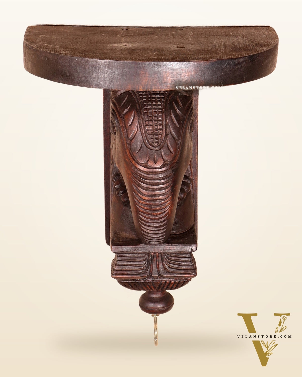 Handcrafted Wooden Elephant Wall Bracket with Shelf & Brass Hook – Traditional Décor 11"