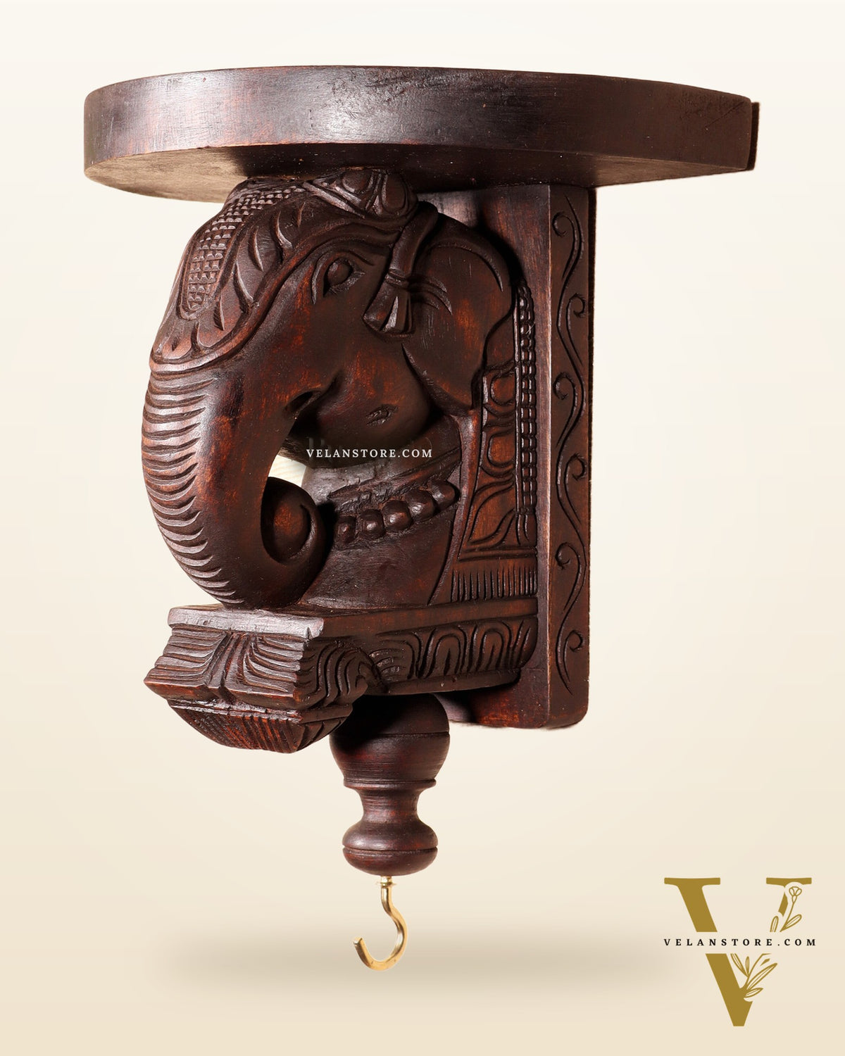 Handcrafted Wooden Elephant Wall Bracket with Shelf & Brass Hook – Traditional Décor 11"