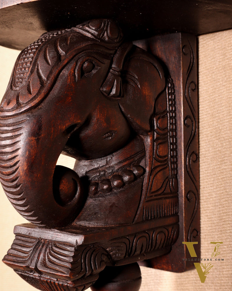 Handcrafted Wooden Elephant Wall Bracket with Shelf & Brass Hook – Traditional Décor 11"