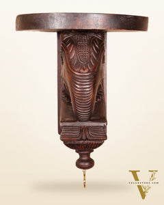 Handcrafted Wooden Elephant Wall Bracket with Shelf & Brass Hook – Traditional Décor 11"