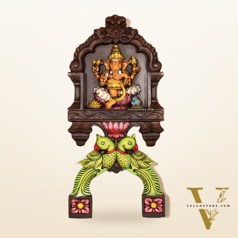 Handcrafted Wooden Ganesha with Twin Parrots Wall Panel – 18 Inches