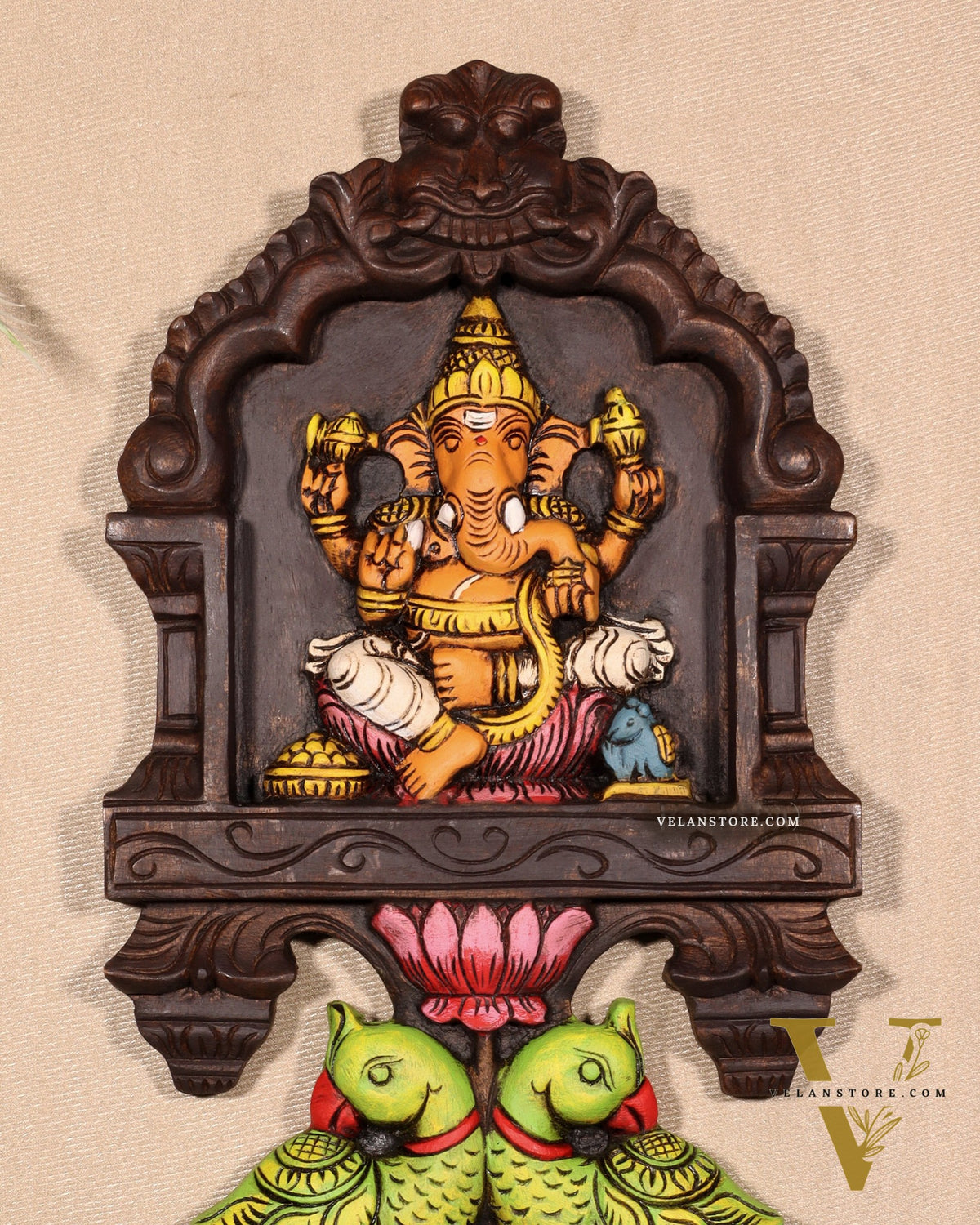 Handcrafted Wooden Ganesha with Twin Parrots Wall Panel – 18 Inches
