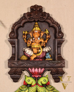Handcrafted Wooden Ganesha with Twin Parrots Wall Panel – 18 Inches