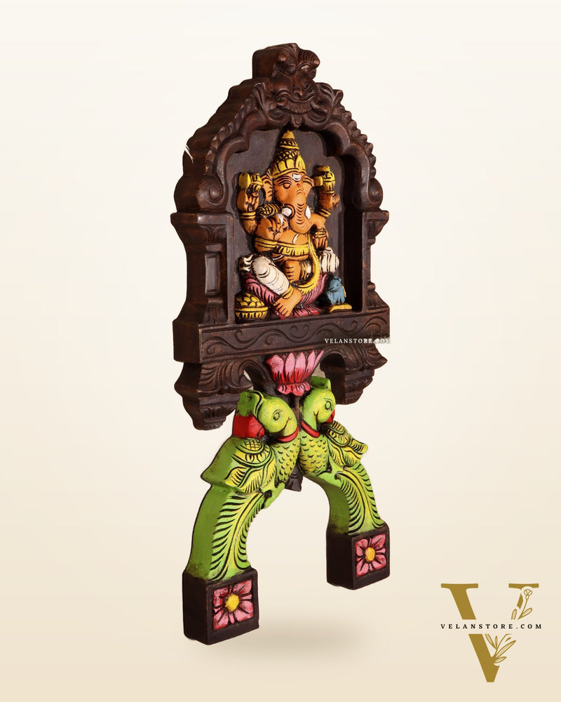 Handcrafted Wooden Ganesha with Twin Parrots Wall Panel – 18 Inches