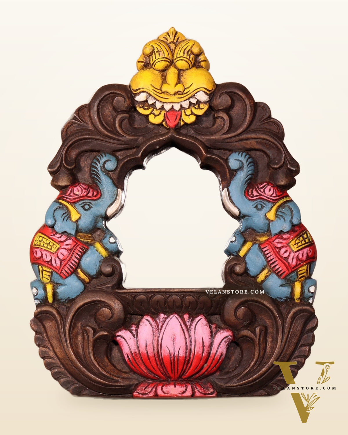 Handcrafted Wooden Twin Elephant & Kirtimukha Wall Bracket with Mirror 12"