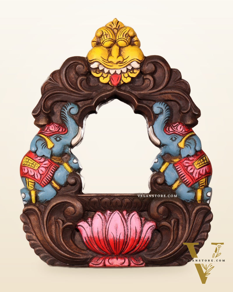 Handcrafted Wooden Twin Elephant & Kirtimukha Wall Bracket with Mirror 12"