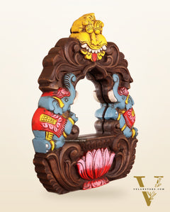Handcrafted Wooden Twin Elephant & Kirtimukha Wall Bracket with Mirror 12"