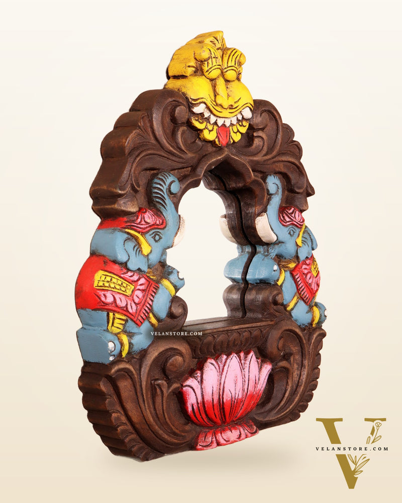 Handcrafted Wooden Twin Elephant & Kirtimukha Wall Bracket with Mirror 12"
