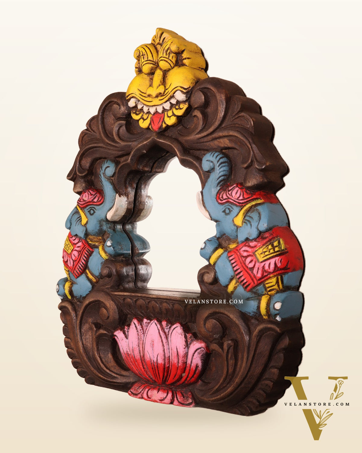 Handcrafted Wooden Twin Elephant & Kirtimukha Wall Bracket with Mirror 12"