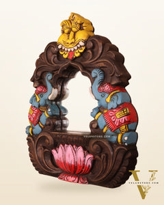 Handcrafted Wooden Twin Elephant & Kirtimukha Wall Bracket with Mirror 12"