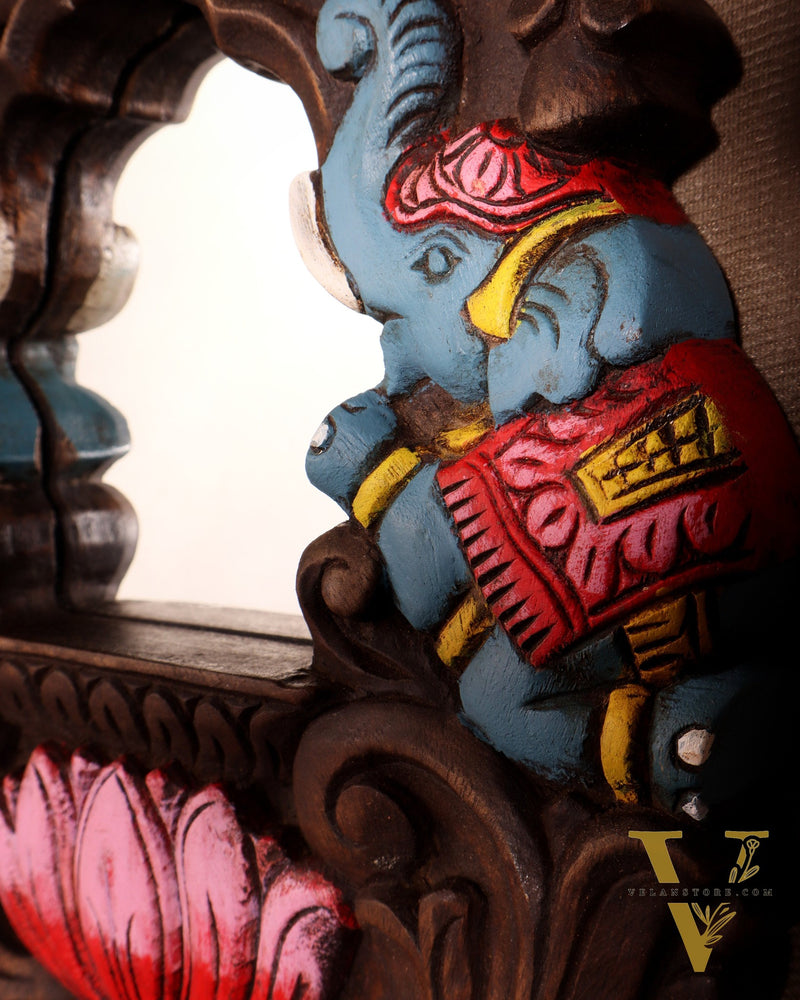 Handcrafted Wooden Twin Elephant & Kirtimukha Wall Bracket with Mirror 12"