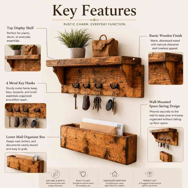 Rustic Wooden Key Holder for Wall with Display Shelf & Mail Organizer Box