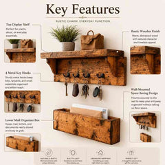 Rustic Wooden Key Holder for Wall with Display Shelf & Mail Organizer Box