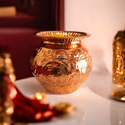 Pure Copper Pooja Lota With Carving Design - Copper Kalash
