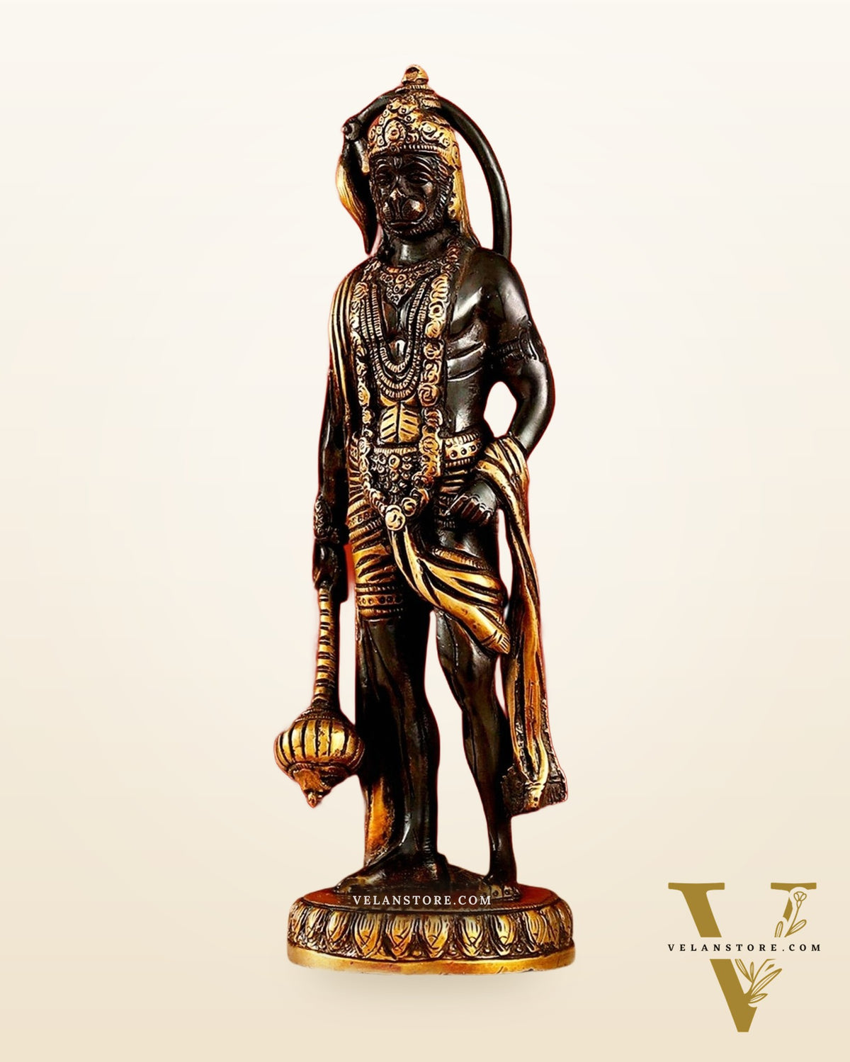 Handmade Brass Lord Hanuman Statue | Black and Gold Finish | 10" Height