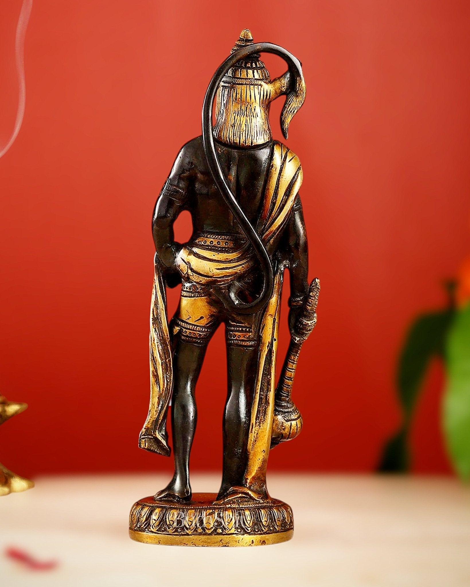 Handmade Brass Lord Hanuman Statue | Black and Gold Finish | 10" Height