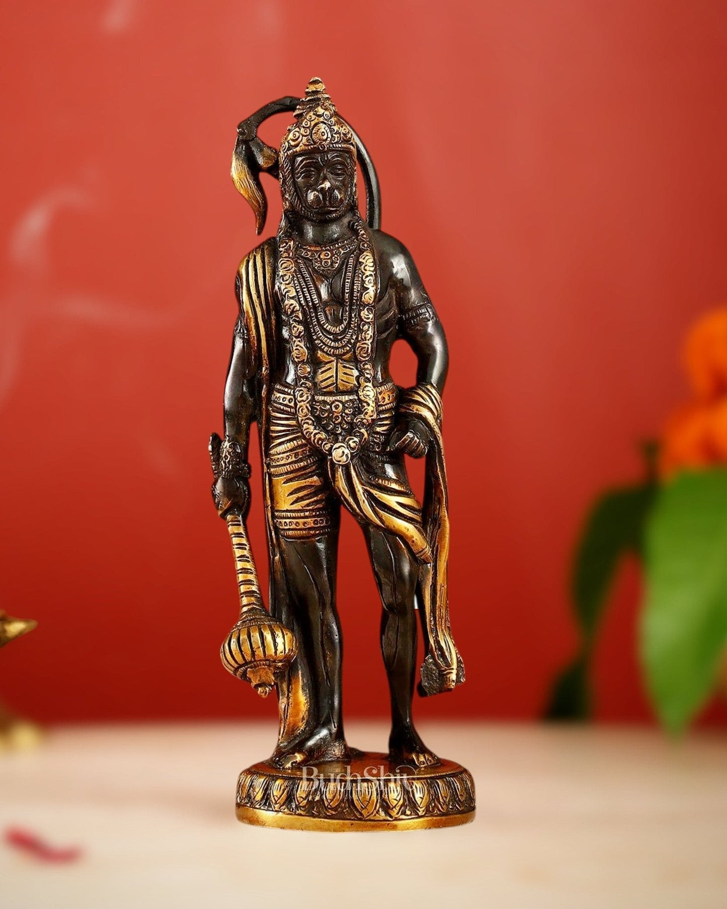 Handmade Brass Lord Hanuman Statue | Black and Gold Finish | 10" Height