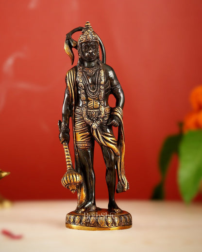 Handmade Brass Lord Hanuman Statue | Black and Gold Finish | 10" Height