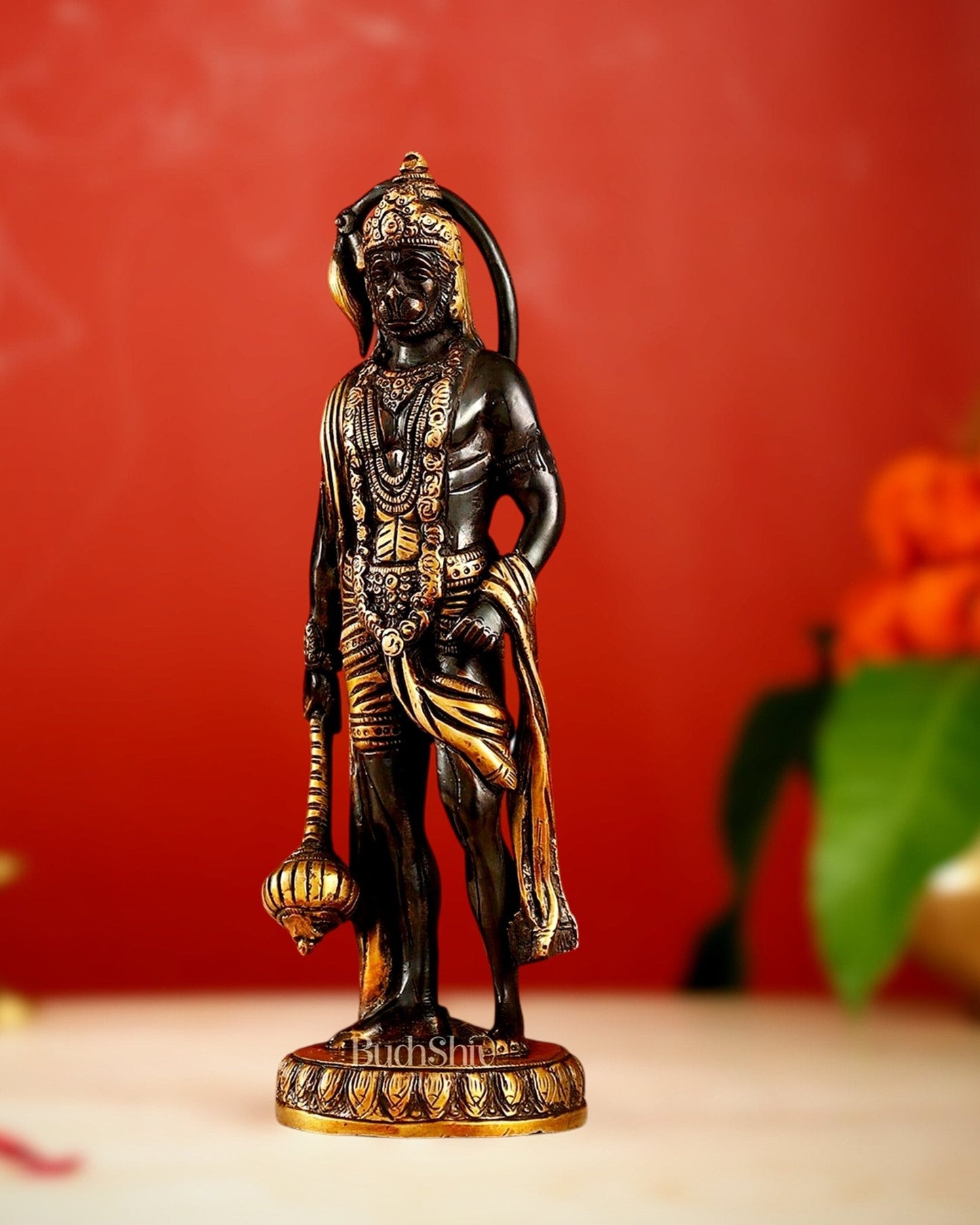 Handmade Brass Lord Hanuman Statue | Black and Gold Finish | 10" Height