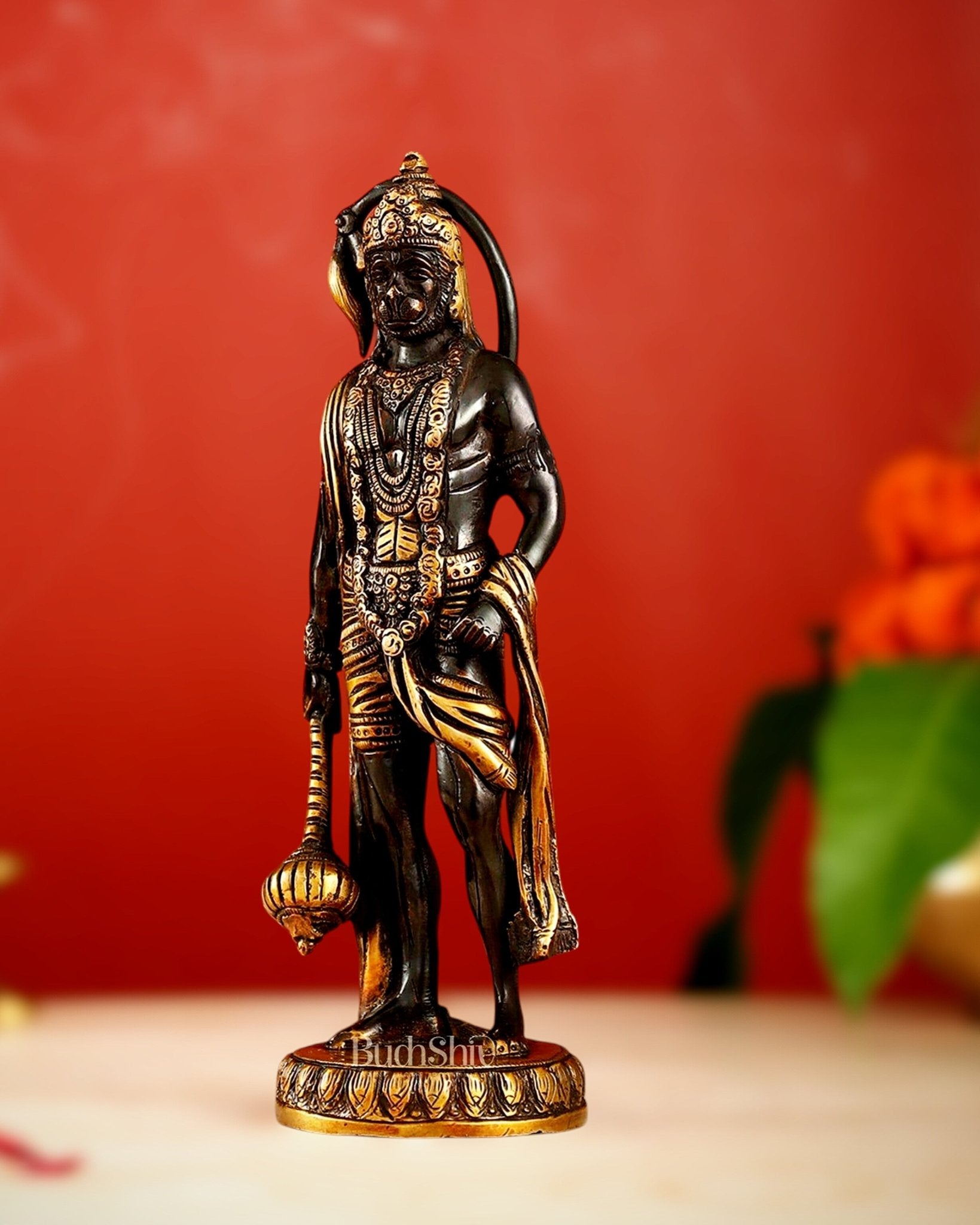 Handmade Brass Lord Hanuman Statue | Black and Gold Finish | 10" Height