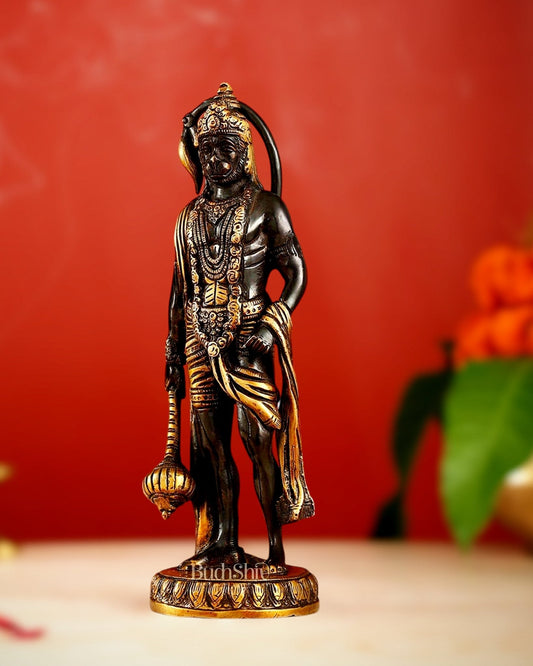 Handmade Brass Lord Hanuman Statue | Black and Gold Finish | 10" Height
