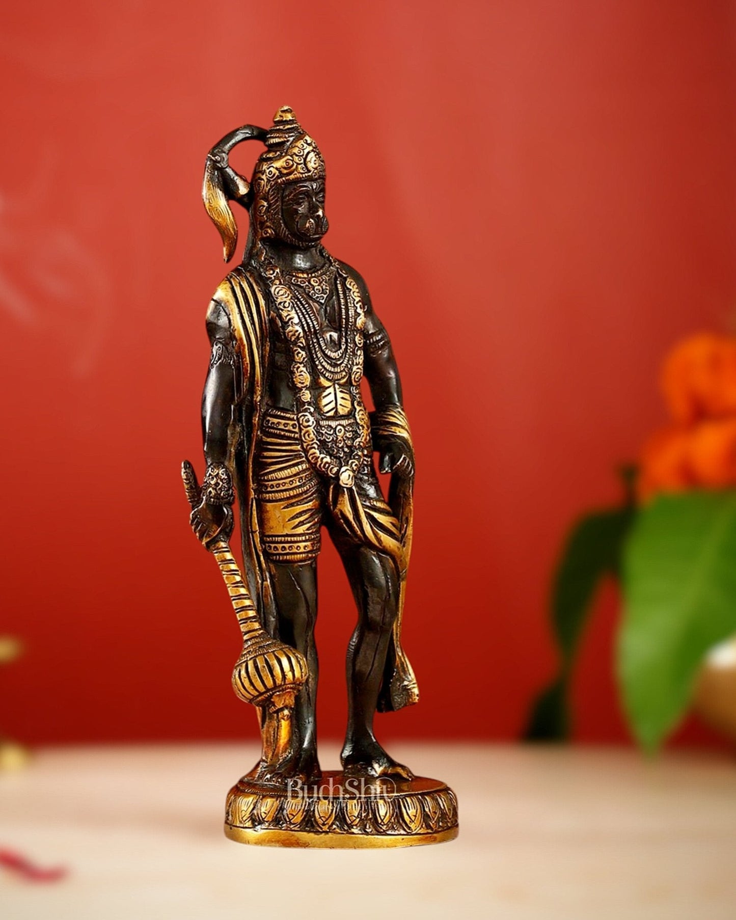 Handmade Brass Lord Hanuman Statue | Black and Gold Finish | 10" Height