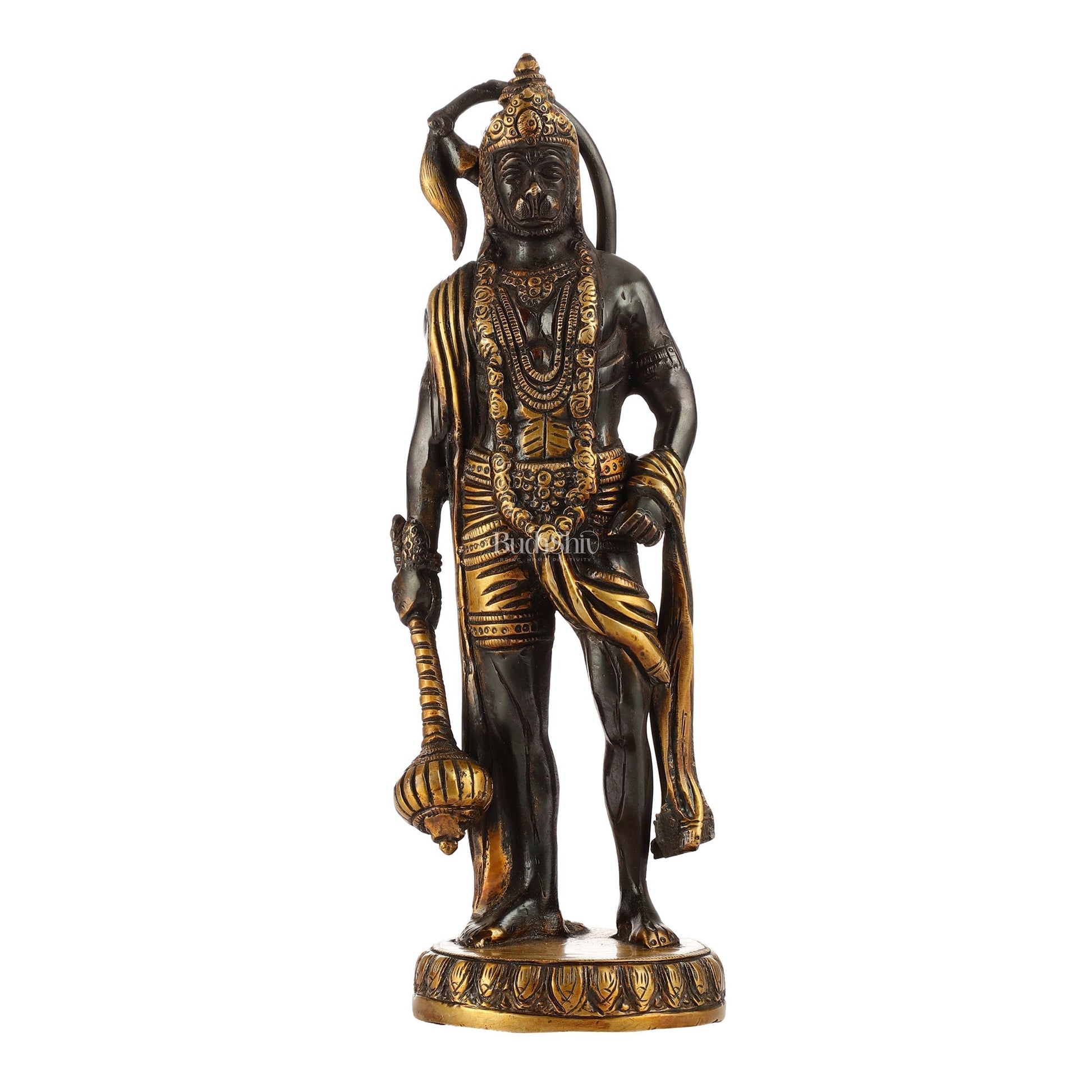 Handmade Brass Lord Hanuman Statue | Black and Gold Finish | 10" Height