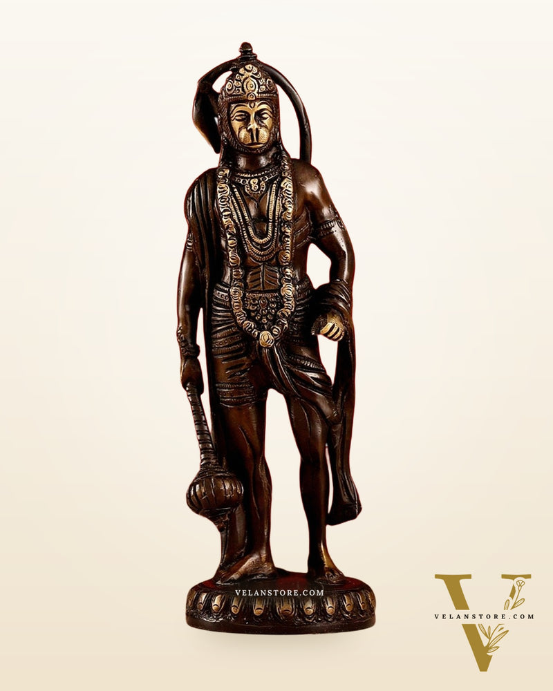Handmade Brass Lord Hanuman Statue | Brown Gold Finish | 10" Height